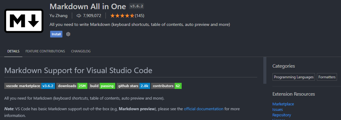 VS Code Extensions - Markdown All in One 